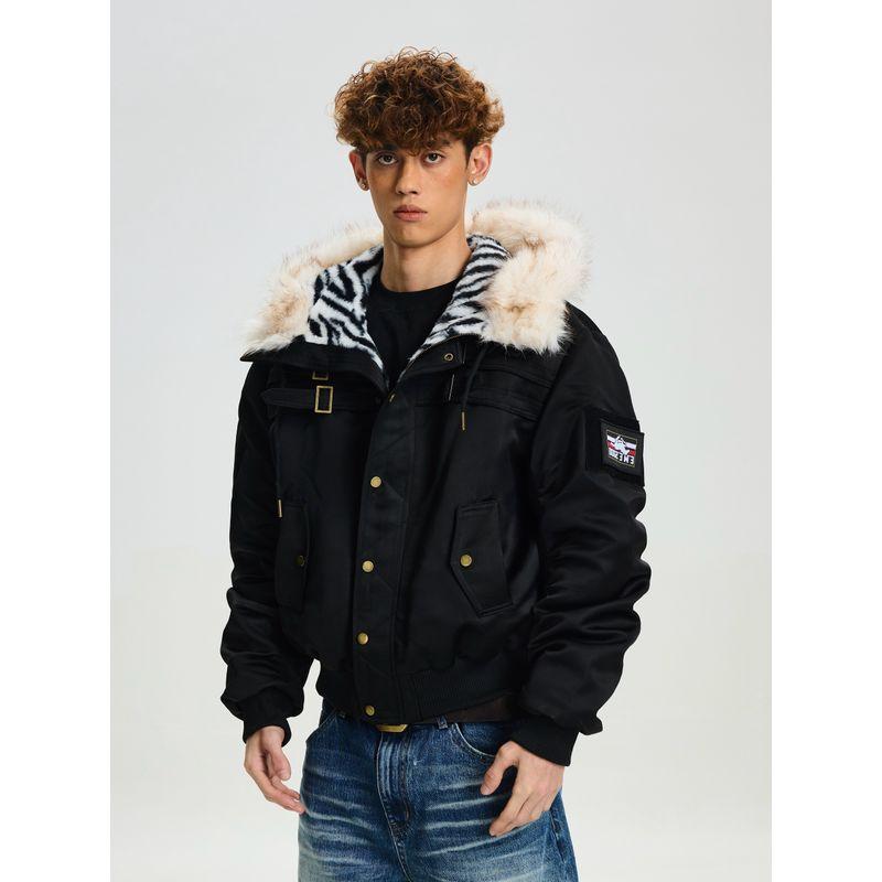 Cabbage Coke American Retro Leopard Print Hooded Fur Collar Thickened Red Star Armband Pilot Street Cotton Jacket for Men