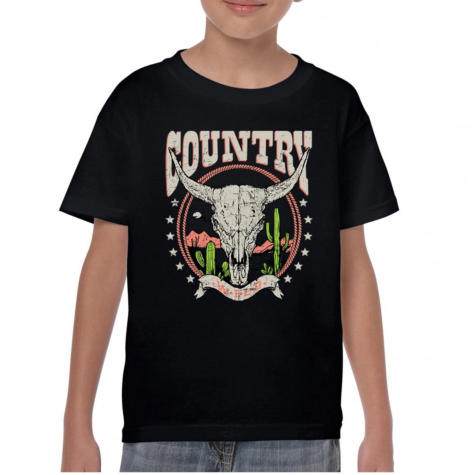 Country Wild Youth kids boys T-Shirt Vintage Steer Skull Desert Cowgirl Rodeo Kids 150