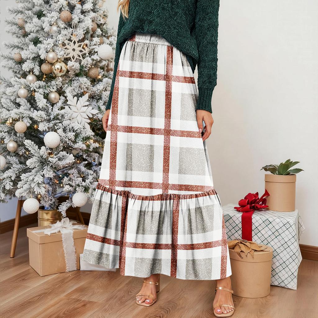 Women's Ruffled Casual Long Skirt Plaid Skirt Retro Pleated Skirt