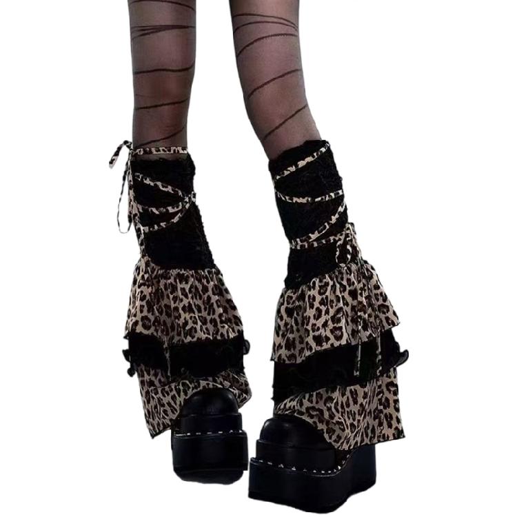 Harajuku Punk Tiered Ruffle Leg Wrap Cover with Ties Bandages Stretch Flared Leg Warmers Footless Long Socks for Women
