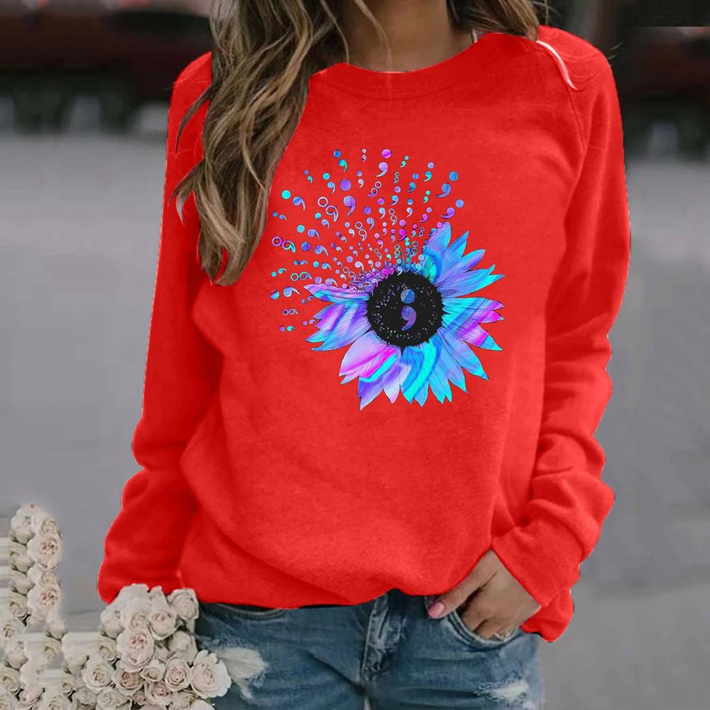 Women's Fashion Casual Print Round Neck Sweater Loose Sports Tops Pullover