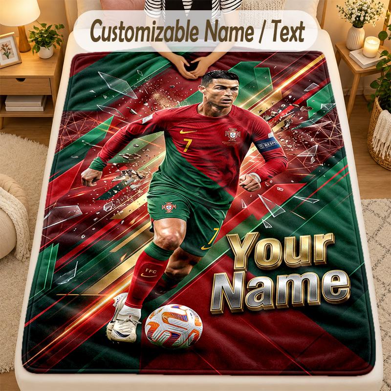 Flannel BlanketCristiano Ronaldo Custom Name Text Personalized Soft Warm Throw Blanket Home Decor Gift