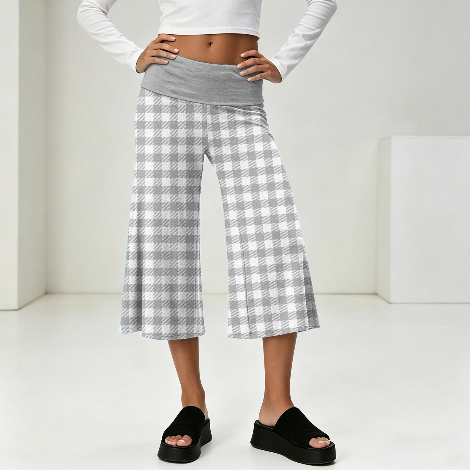 

Women High Waist Wide Leg Capri Pants Summer Casual Vacation Plaid Print Elastic Waistband Comfortable Loose Fit Cropped Trousers XL білий