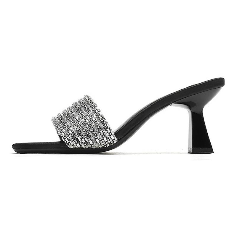 333-5 One-word High-heeled Slippers Women's 2025 Summer New Square Head Wine Glass and High-heeled Shoes Rhinestone Cold Slippers Women