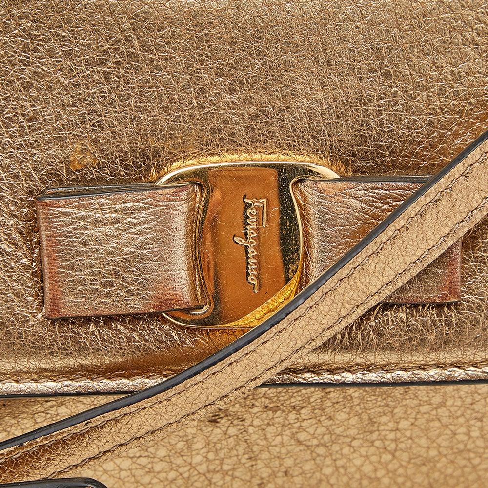 Salvatore Ferragamo Gold Leather Vara Bow Shoulder Bag Gold