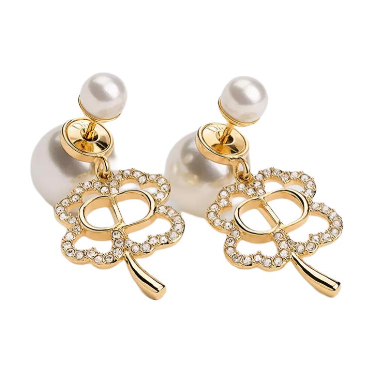 Dior CD Signature Clover Design Earrings Unisex Earrings Gold White E4879WOMCY_D319