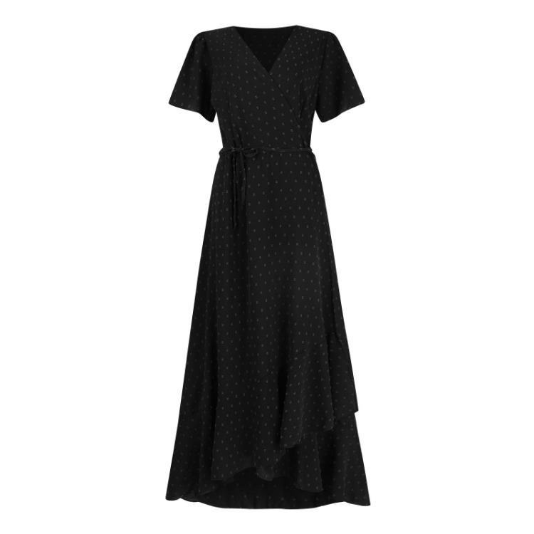 Sexy V Neck Wrap Waist Maxi Dress Women Summer Fashion A-Line Side Slit Long Casual Dress Comfortable Solid Color Short Sleeve