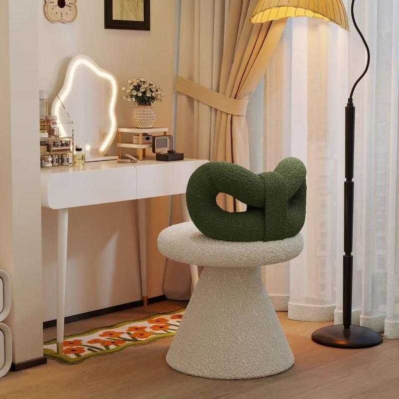 Cream Vanity Stool with Bow Back, Rotating Faux Sheepskin Makeup Chair,Nail Salon Stool for Dressing Table,Aesthetic Home Decor