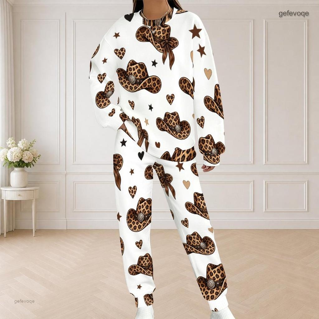 Women Plus Size White Printed Round Neck Long Sleeve Top And Long Pants Two Piece Set