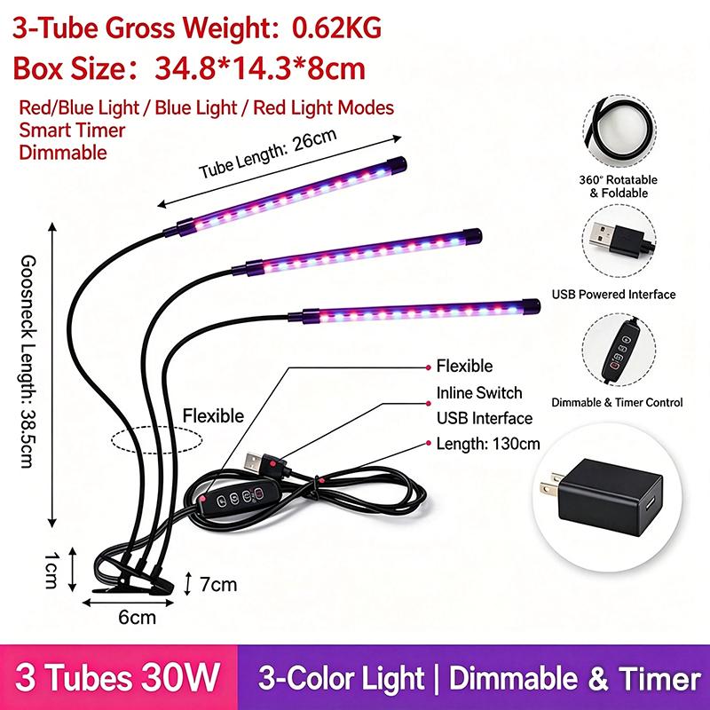 1200LM Luminous Flux Clip-On LED Grow Light with Gooseneck 1/2/3/4-Head Growing Lamp Kit 5V USB Powered Timer & Dimmable, for Greenhouse Hydroponics