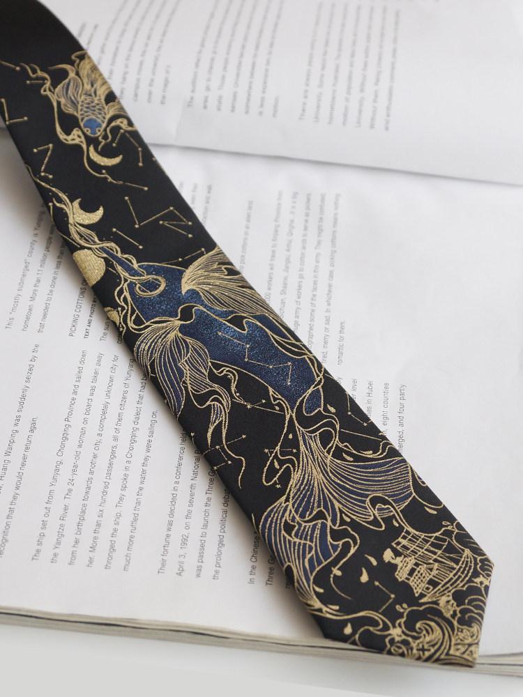 Man and Woman Students Academy Versatile Necktie Original Designed Gold Silk Edition Black Necktie Creative Tie