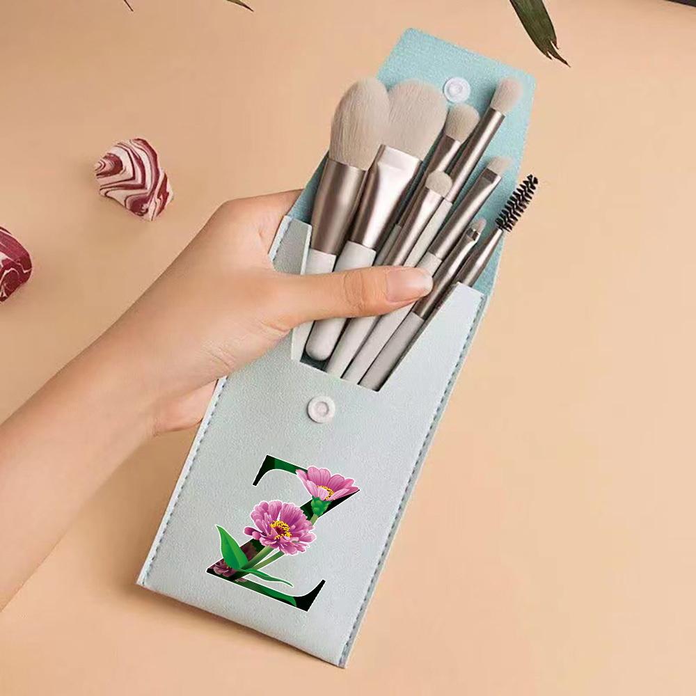 8pcs Travel Makeup Brush Case Kit Travel and Daily Use Beauty Set Blending Beauty Tool Bag Flower Color 26 Letters Pattern