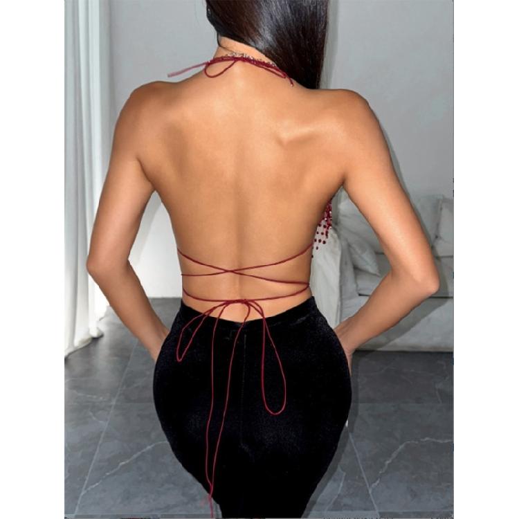 Women Shines Rhinestones Tank Top Halter Body Chain Fishnet Mesh Bra Crop Top Shirt for Night Club Party Raves Outfits