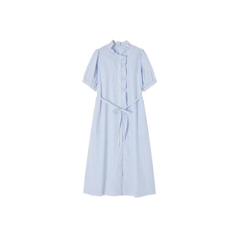 French Romance Striped Ruffle Stand-Up Collar Dress