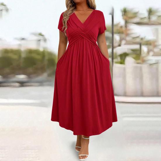 Robe Mi-longue Décontractée d'Été pour Femme Robe évasée à manches courtes et col en V avec torsade sur le devant Robe longue fluide ligne A pour vacances à la plage