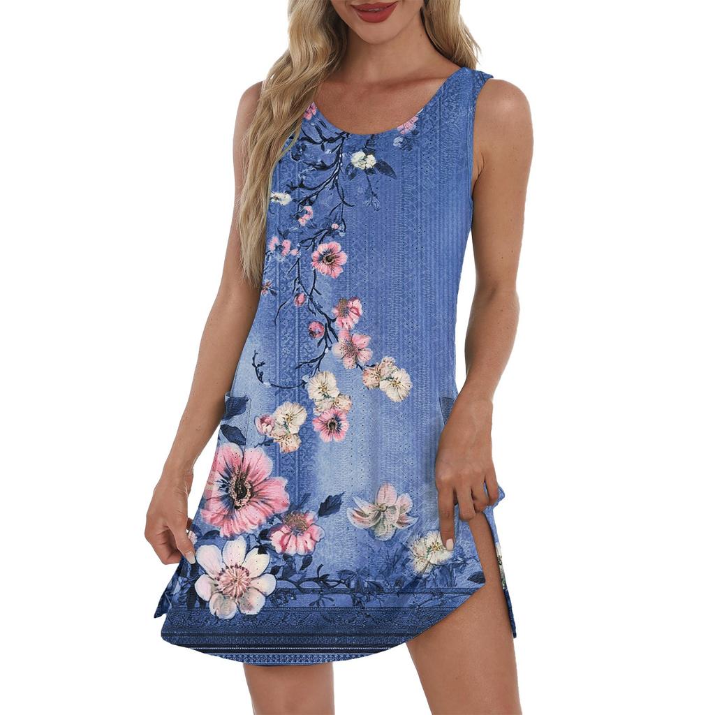 Dámské volné ležérní šaty s potiskem, vesta, šaty na ramínka, šaty s kapsami, šaty na ramínka, šaty s kapsami