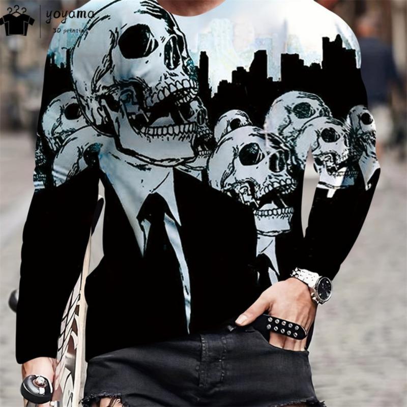 Fashion Skull Print Men's Clothing Casual T Shirt Men Vintage Print Skull Graphic T Shirts Street Loose Long Sleeve T-shirt Tops