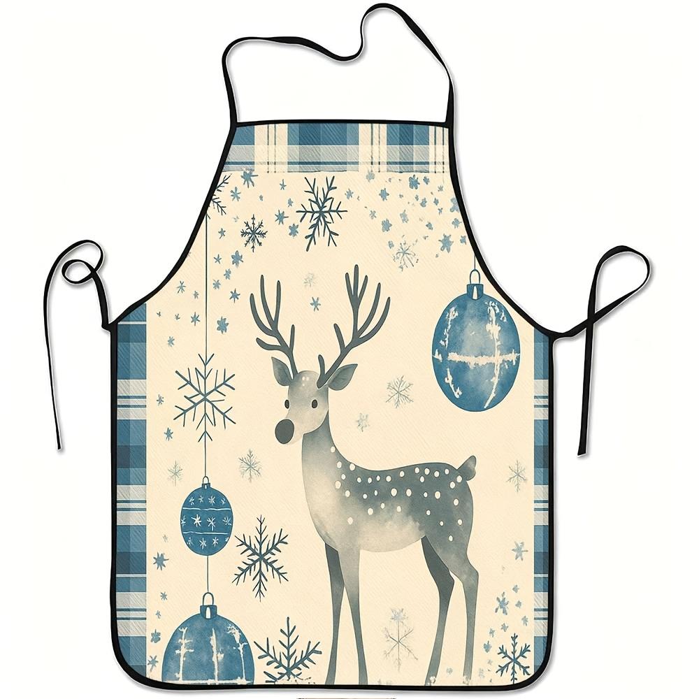A Blue Reindeer Snowflake Christmas Print Apron | Durable, Easy to Clean, Adjustable Waist Strap, Made of Polyester, Suitable for Kitchen Cooking, Gar