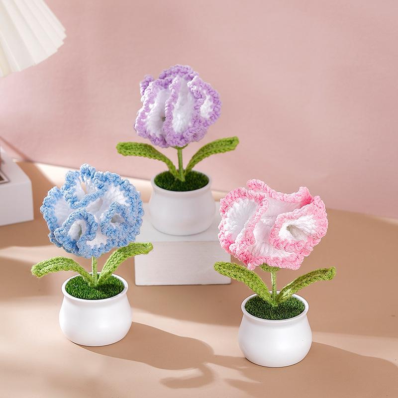 Crochet Flower Carnation Artificial Flower Potted Desktop Office Home Decor Wedding Mother's Day Graduation Birthday Gifts