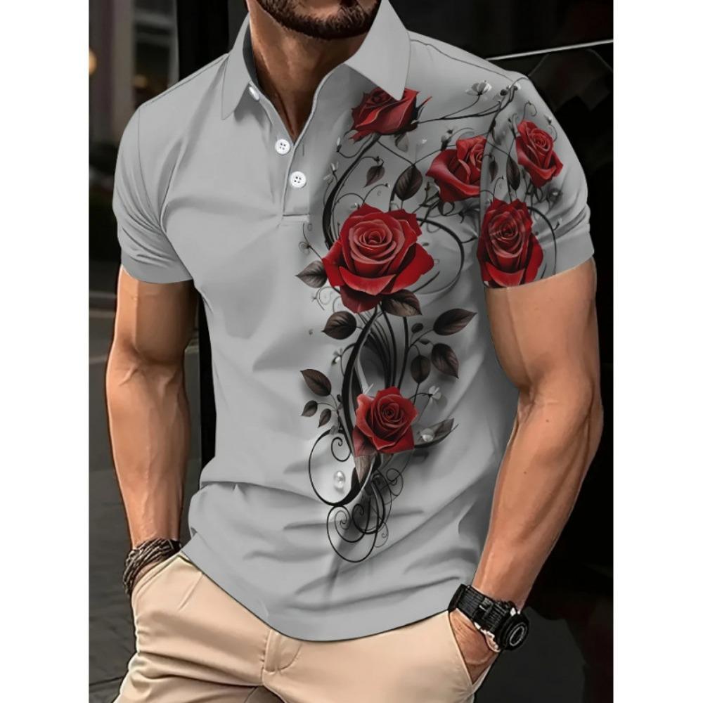 New Men's Red Rose Pattern 3D Printed Casual Top, Comfortable Short Sleeved Polo Shirt