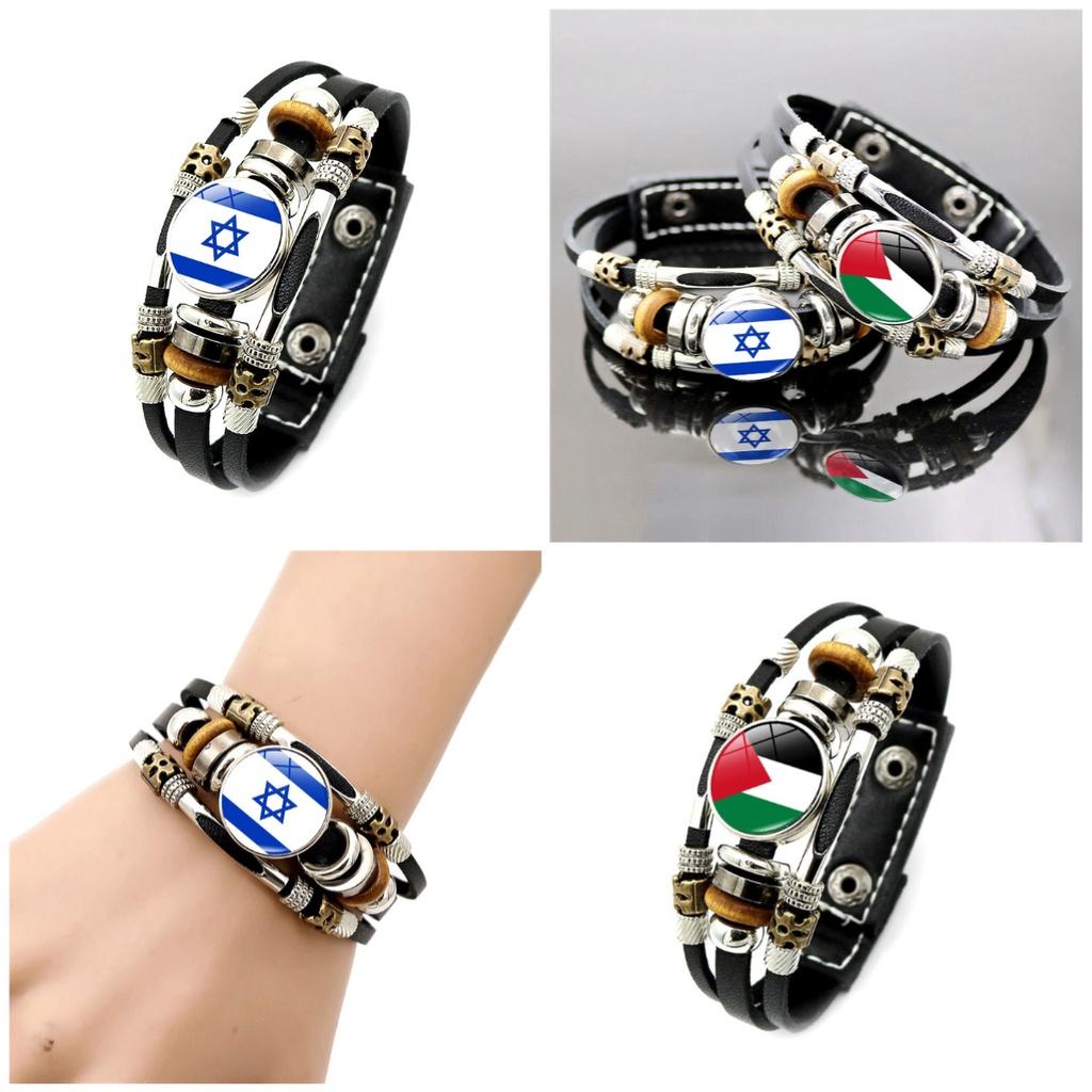 Israel Palestine Flag Pendant Leather Bracelet Handmade Men Accessory Boys Gifts