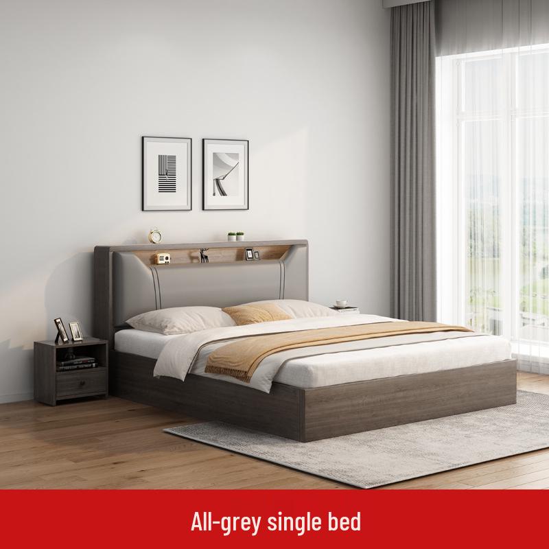 Modern Minimalist Solid Wood Panel Bed - Double (1.8m) or Single (1.2m) for Master Bedroom or Rental Room