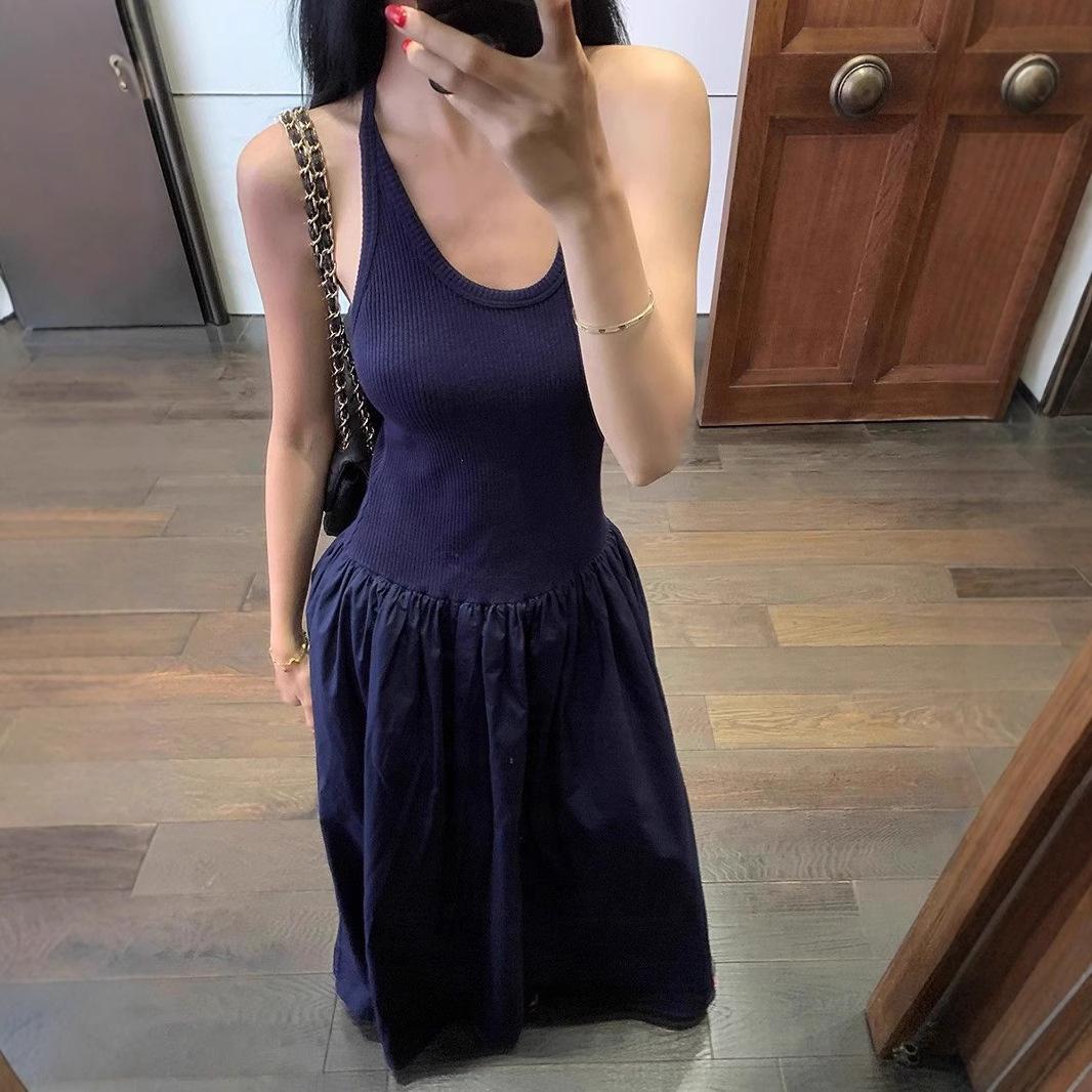 

Spice girl style solid color slim and thin suspender dress women s summer French temperament splicing big swing dress long dress S