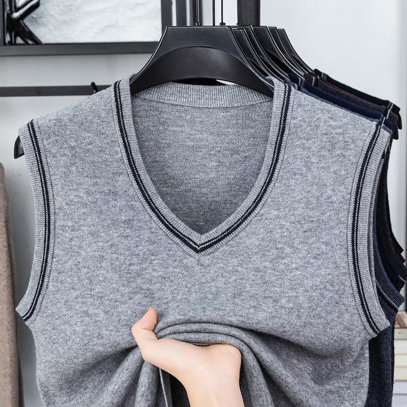 Men's V-Neck Wool Knit Vest - Autumn/Winter Solid Color, Middle-Aged & Elderly Style