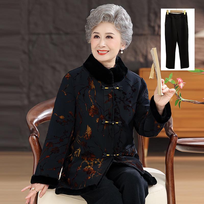 Chinese Winter Deer Velvet Coat with Fur Collar for Middle-Aged & Elderly Women