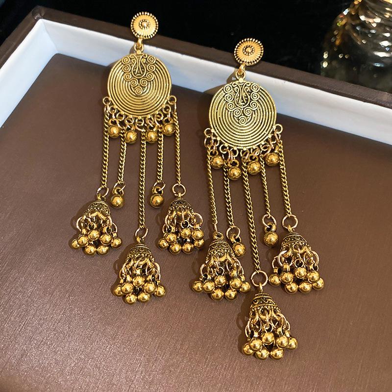 Retro Ethnic Style Round Wind Chime Earrings with Tassel and Silver Needle - High-Grade Metallic Texture for Women