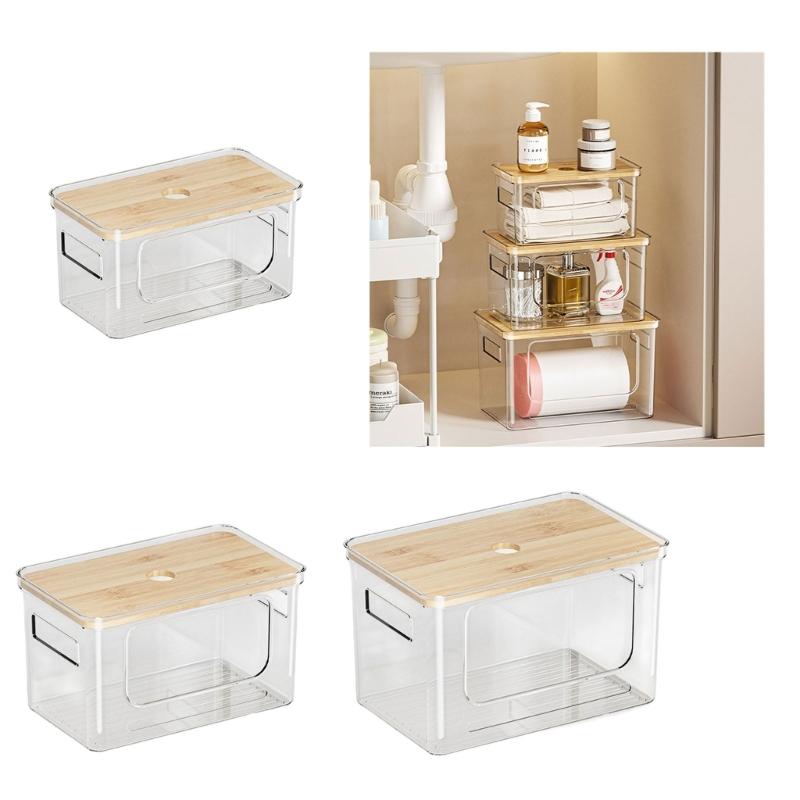 Clear Plastic Waste Bag Dispenser Organizers Featuring User Friendly Bamboos Cover And Spacious Design