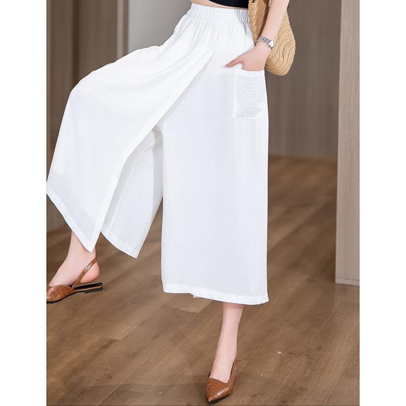 Women Thin Casual Calf Length Pants Girls Slim Fit Baggy Loose Slit Capri Pants Lady High Waisted White Coffee Black Mom Slacks