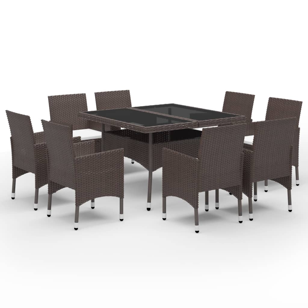 9 Piece Brown Garden Dining Set Poly Rattan & Tempered Glass