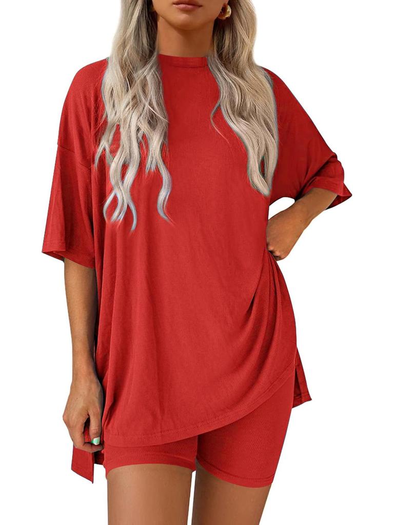 2026 Euro-American Casual Solid Color Loose-Fit Short-Sleeved Top & Shorts Two-Piece Sports Set