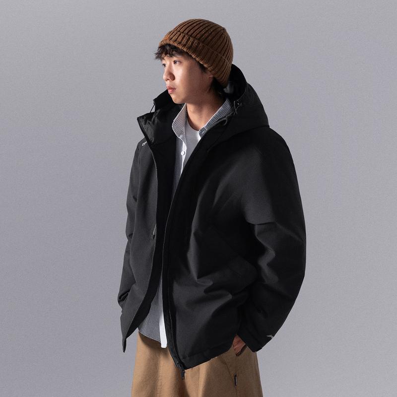 Li Ning CF Suo Red Velvet Hot Pot Down Jacket Water Resistant Solid Color Duck Down Warm Hooded Loose Short Sleeve Men Jacket Black AYMU221-5