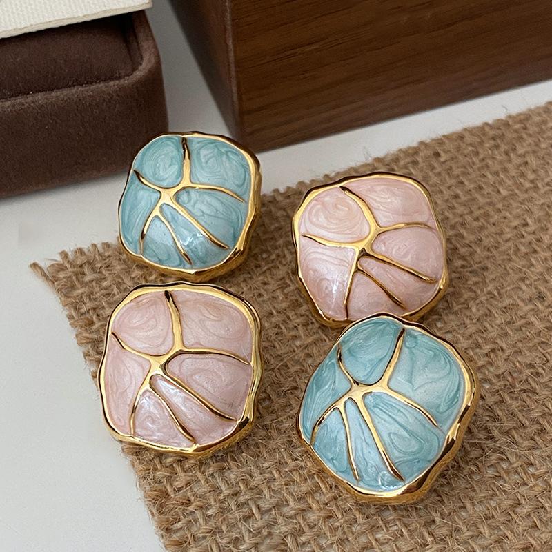 Dripping Geometric Square Stud Atmosphere High-End Girl Heart Design Niche Enamel