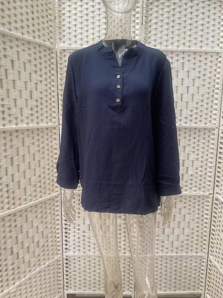 European & American Loose Plain Stand Collar Button Long Sleeve Cotton Linen Top for Women