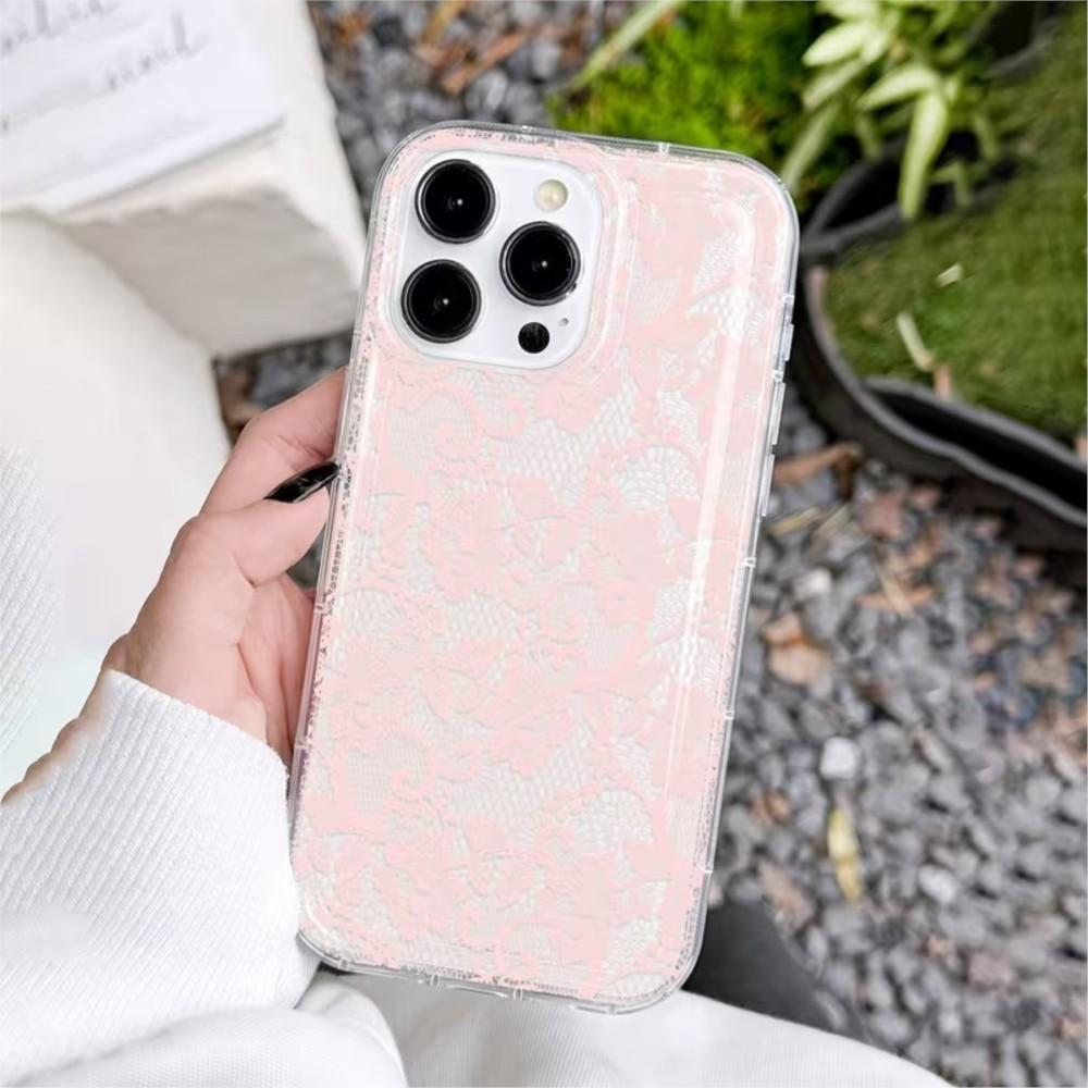 Französische Zarte Rosa Spitze Transparent Stoßfeste Handyhülle für iPhone 17 17Air 16 15 14 13 12 11 Pro Max
