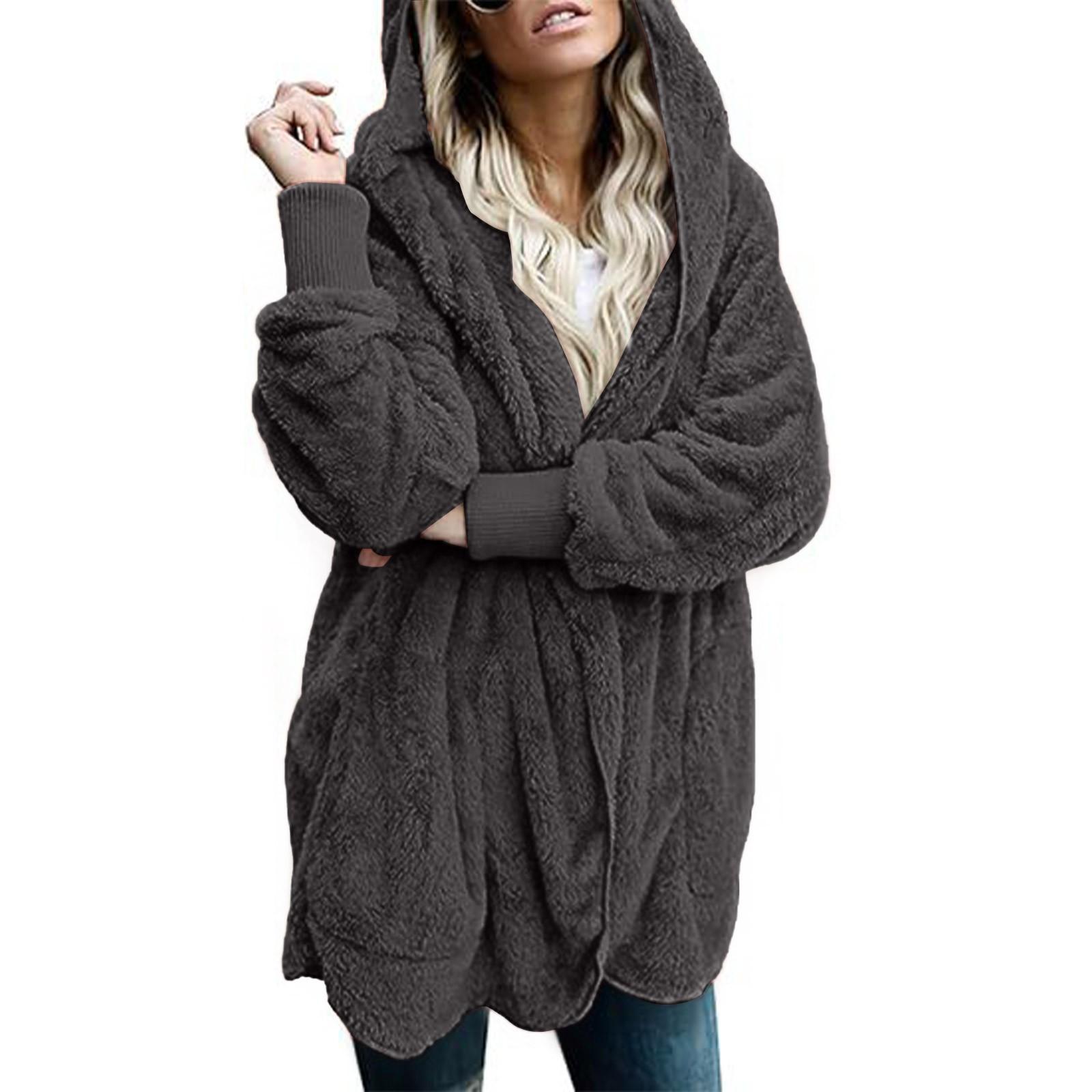

Женская модная свободная куртка с капюшоном, плюшевый кардиган с длинными рукавами, однотонное пальто XL