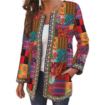Stylish No Buttons Coldproof Windproof Women Autumn Ethnic Style Retro Print Outerwear Daily Clothing Coat