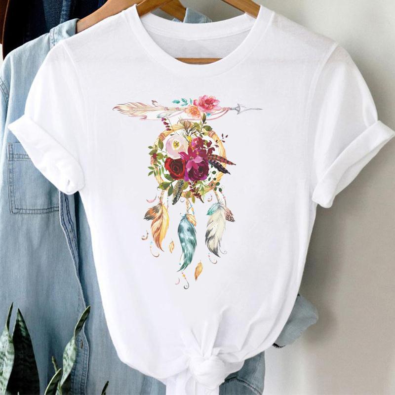 (European Size) Vintage Bird Watercolor Feather Women Print Short Sleeve Tee Top Fashion Tshirt Clothing Casual Summer Lady Female Graphic T-shirt