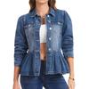 Women's Trendy Denim Jacket with Ruffle Trim, Fitted Waist and Multi-Pocket Utility