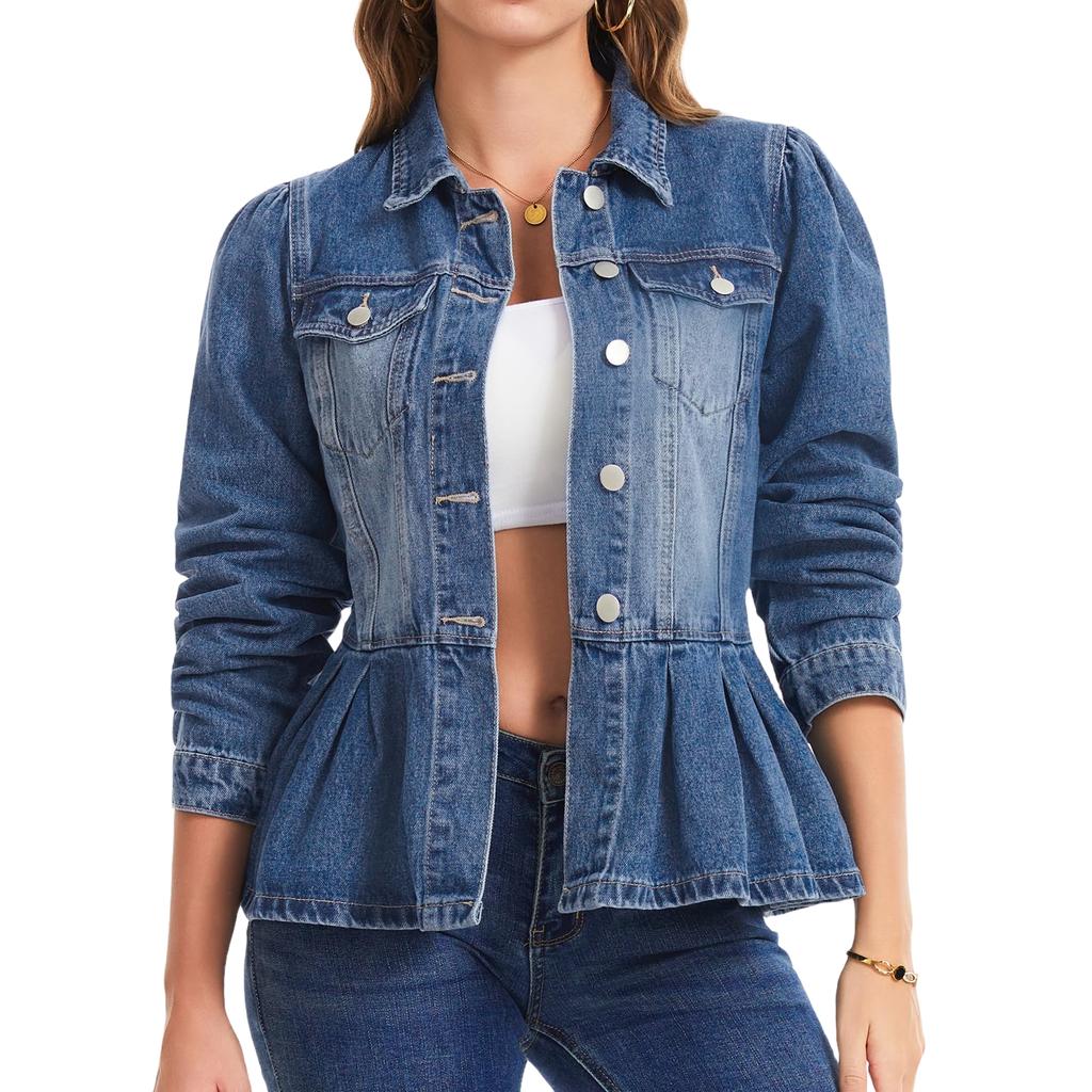 Women's Trendy Denim Jacket with Ruffle Trim, Fitted Waist and Multi-Pocket Utility