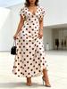 Women's White Base Burgundy Polka Dot V-Neck Maxi Dress, Flutter Sleeve High Waist Elegant A-Line Dress