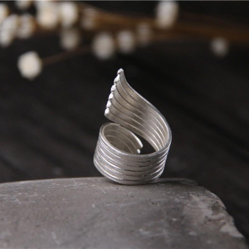 Adjustable Open Ring Women Men Brushed Finish Geometric Wing Design Statement Jewelry Vintage Style Plated