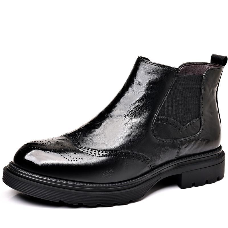 Men's Genuine Leather Chelsea Boots, Versatile Velvet-Lined Mid-Calf, Breathable, Trendy Snow & Martin Boots