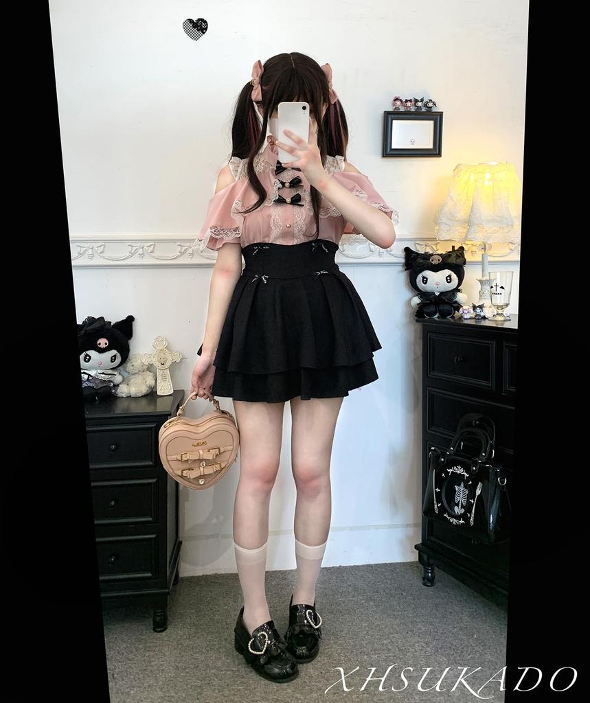 Short Detachable and Lolita Neat and Girly [XHSUKADO] Women's Open-Shoulder Blouse, Cute, Stand-Up Collar, Sleeves, Ribbon, Ruffles, Lace.