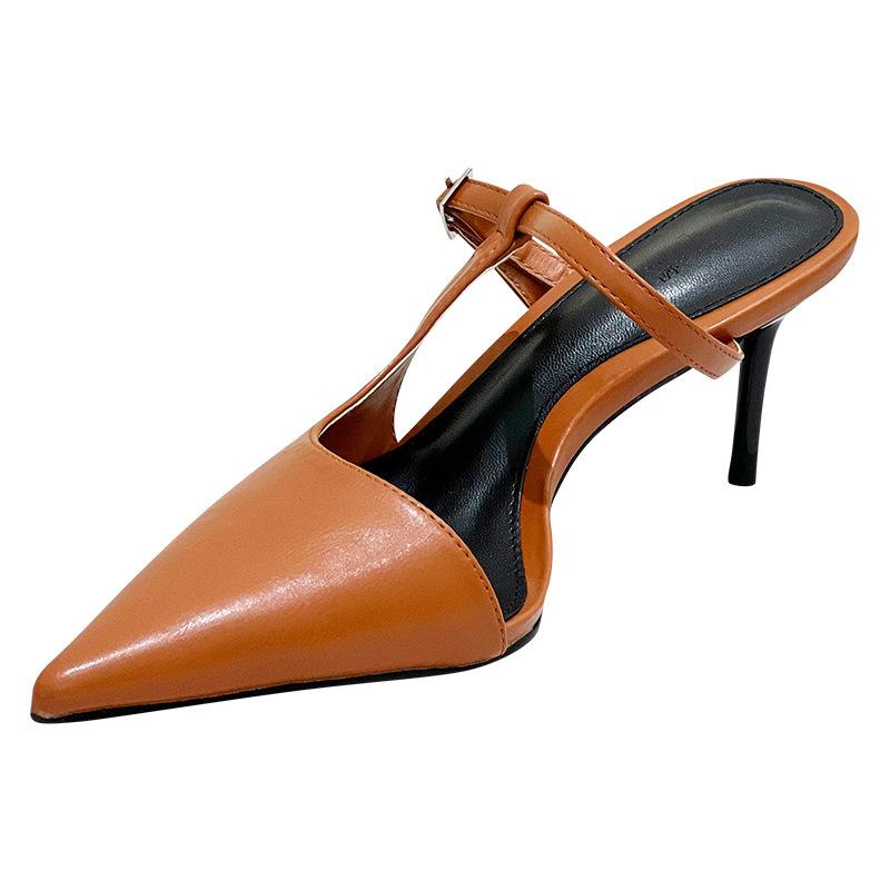 Shangsi, beautiful!! Evening wind white tea pointed high heels bag head half slippers female outside fairy shoes