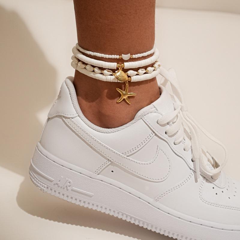 

Праздничный стиль четырехкомпонентный ракушечный браслет на ногу стильный и простой многослойный плетеный браслет на ногу из рисовых бусин с морской звездой