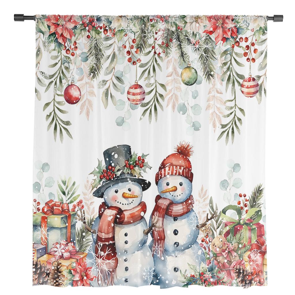 Weihnachts-Poinsettia-Kugel Tannenzweige Schneemann Transparente Vorhänge Wohnzimmerdekoration Fenstervorhänge Küche Tüll Voile Vorhänge